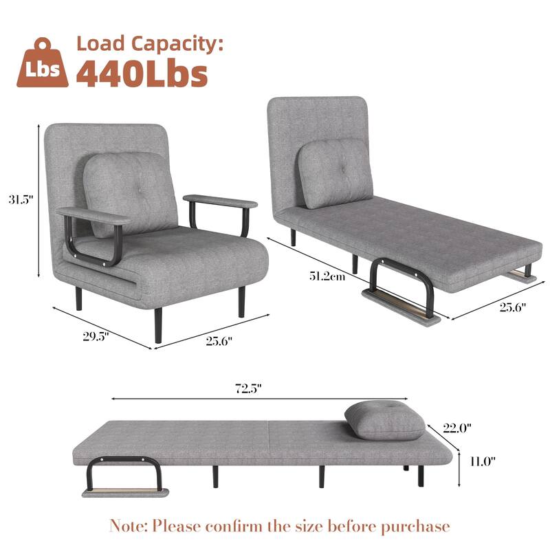 Folding Sofa Bed 3-in-1 Convertible Chair, Lounge Chair with 5-Position Adjustable Backrest, Sleeper Bed with Pillow