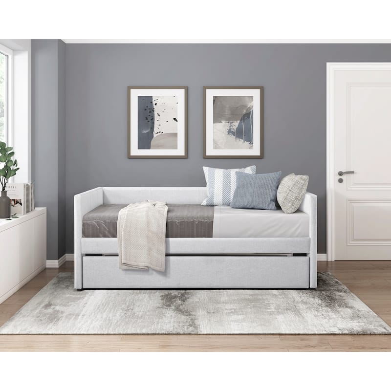 1pc Daybed with Trundle Beige Fabric Upholstery Wooden Frame