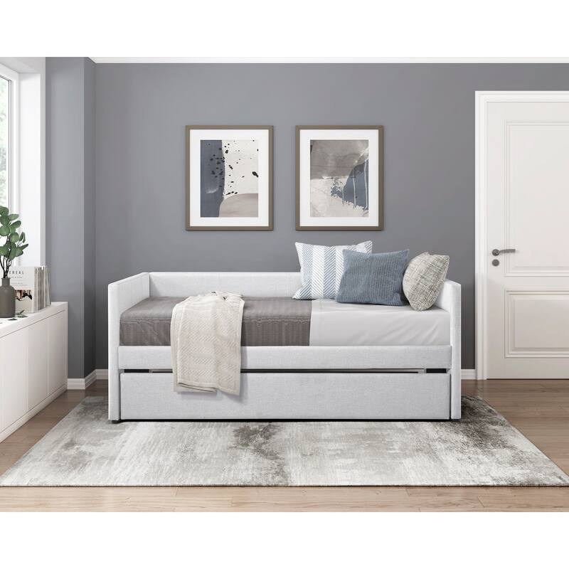 1pc Daybed with Trundle Blue Fabric Upholstery Wooden Frame Modern Home Furniture
