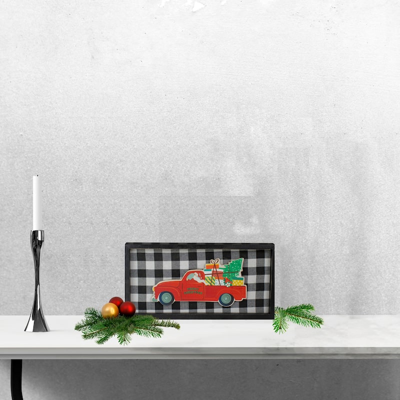 16" Black and White Buffalo Plaid Santa Farm Truck Wooden Christmas Plaque