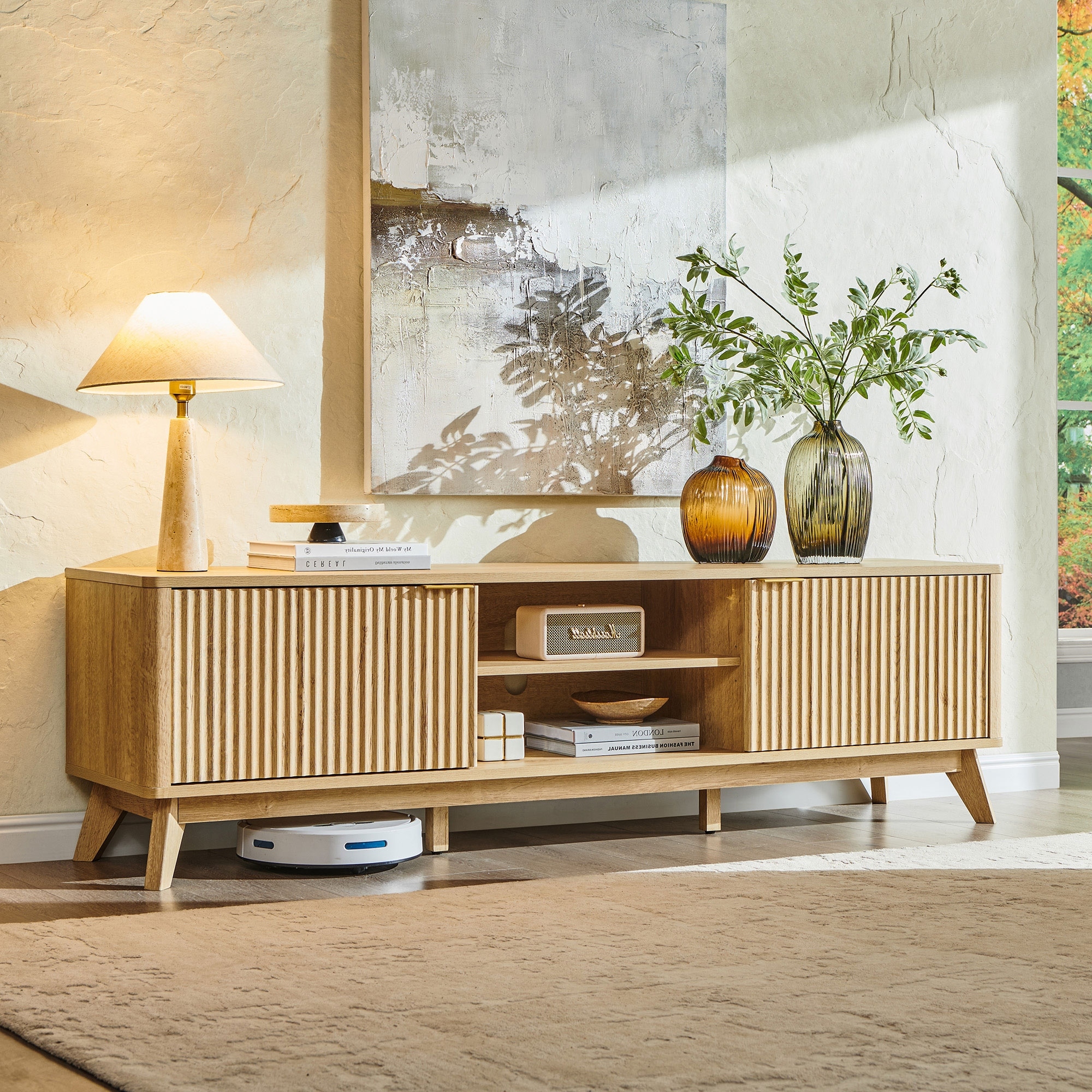 70" Modern Fluted TV Stand for Living Room, Wood Entertainment Center