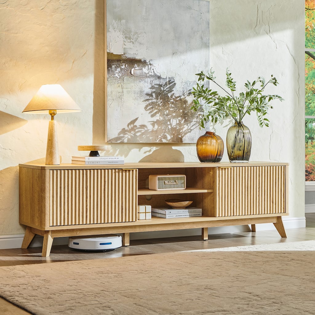 70" Modern Fluted TV Stand for Living Room, Wood Entertainment Center
