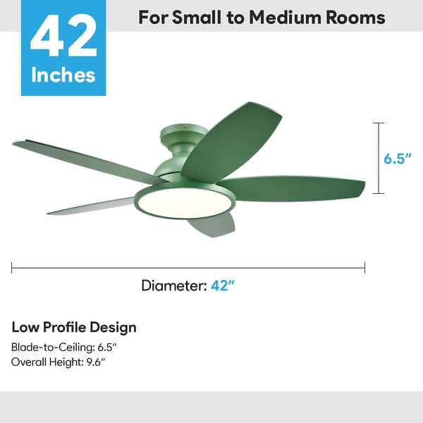 dimension image slide 4 of 9, 5 - Blade Low Profile Flush Mount Modern Ceiling Fan with LED Light and Remote