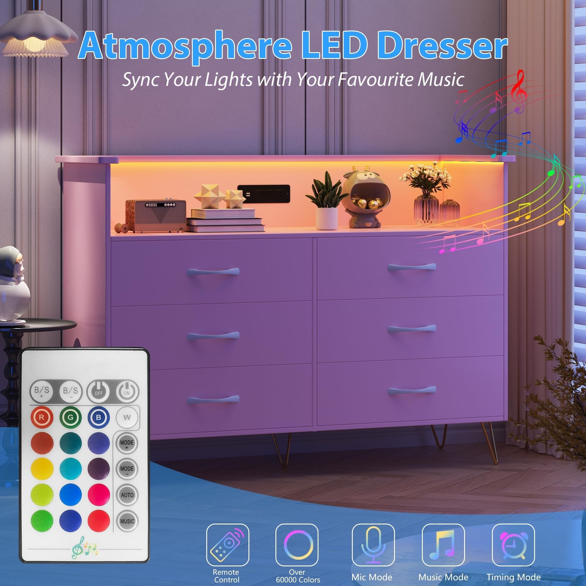 6 Wooden Drawers Dresser with Power Outlet LED Light