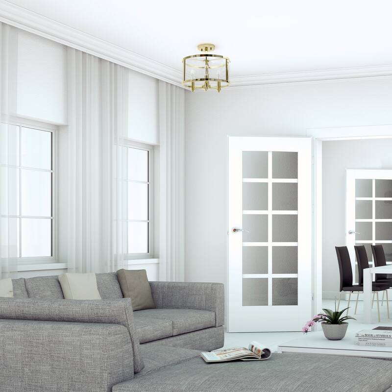 HomeStock 13" Semi-Flushmount Light - Gold 3-Light Fixture - Iron & Glass Shade - Traditional Industrial Design - 12.5