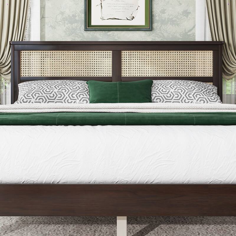 Full Size Bed with Rattan Headboard, 2 Storage Drawers, Rubber Wood Bed with Enhanced Support Salts and Feet, Espresso - Queen