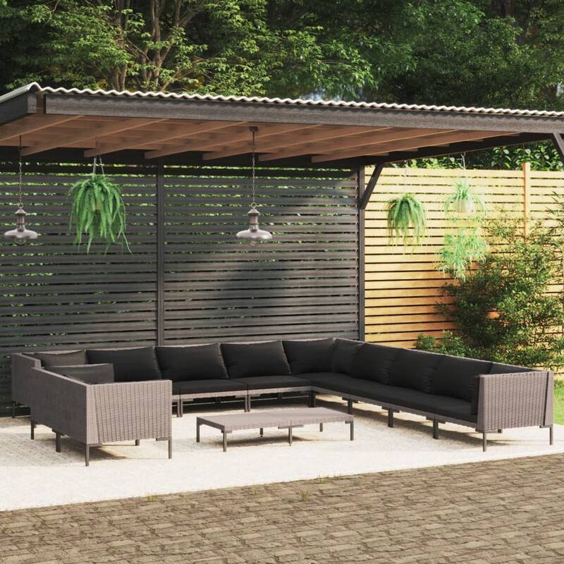 vidaXL Patio Lounge Set Outdoor Sectional Corner Sofa Poly Rattan Dark Grey - 27.6" x 27.6" x 24"