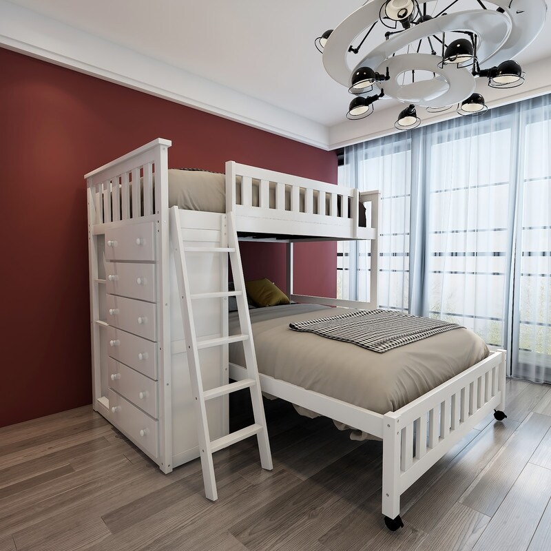 Twin Over Full Bunk Bed with 6 Drawers Flexible Shelves and GuardRail