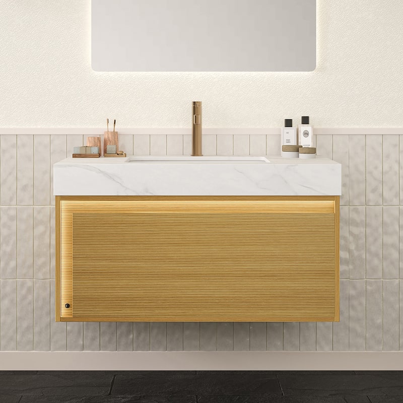 GDFStudio - Nyah Modern Floating Bathroom Vanity with Ultra-Slim Grille Drawer, Sensor Light & Carrara White Sintered Stone Top - 36" - Light Oak