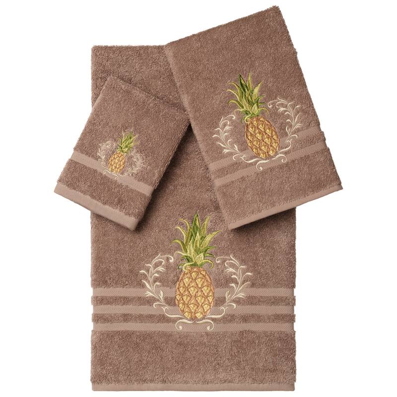 Authentic Hotel and Spa Turkish Cotton Pineapple Embroidered 3 piece Towel Set - Latte