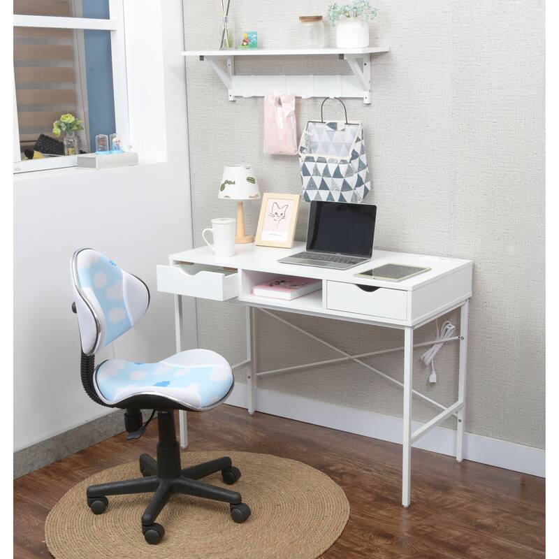 JJS 40" Modern Office Desk Large Computer Desk with Power Outlet, USB Port & Drawer, Home Workstation