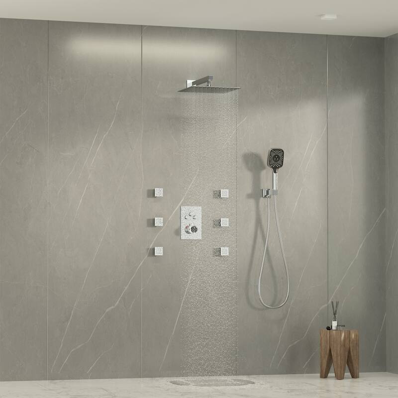 Wall Mount 12 Inch Rainfall Shower Head 3 Function Thermostatic Shower System with 6 Body Jets