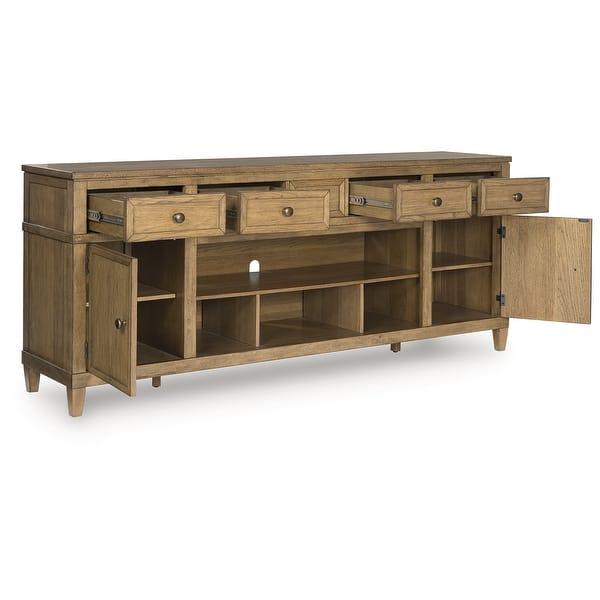 slide 2 of 8, Signature Design by Ashley Sharlance Light Brown 81" TV Stand for TVs up to 93" - 81" W x 18" D x 33.38" H