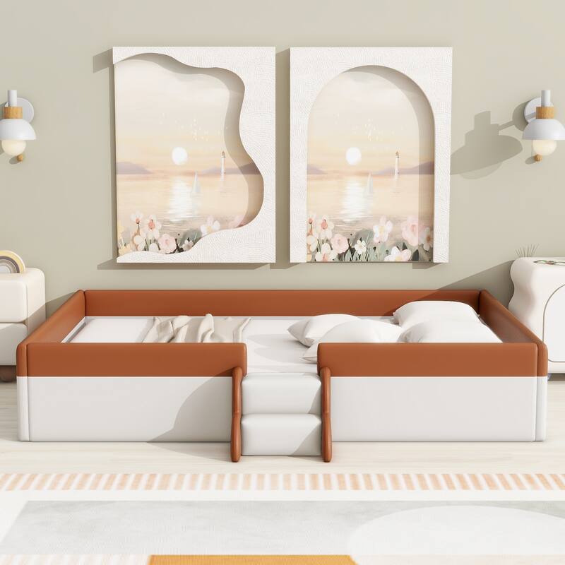King Size Upholstered Daybed Frame with Fence and Stairs - Queen