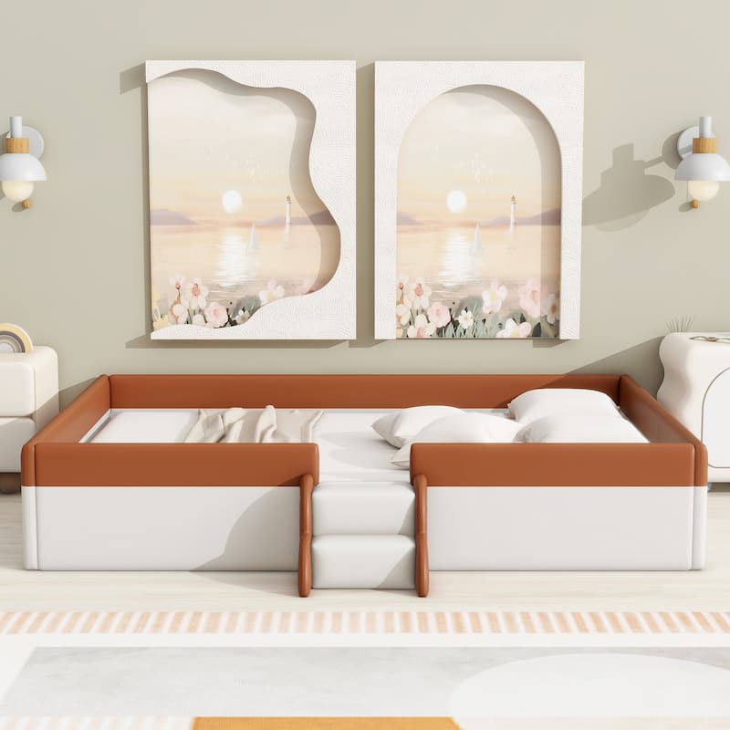 Queen Size Upholstered Daybed Frame with Fence and Stairs,(BROWN+WHITE) - Brown+White