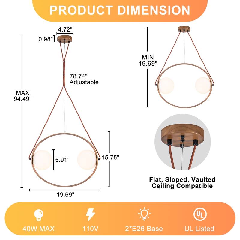 Modern 2-Light Wood Globe Pendant Light for Kitchen Island - Dia.20-in