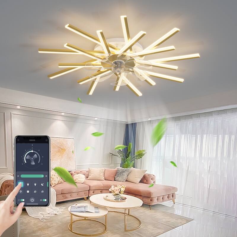 36In Ceiling Fan with Lights Remote Contro Dimmable LED,6 Gear Wind Speed Fan Light - Gold