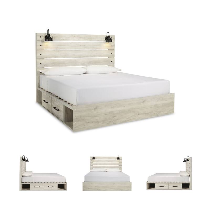 Cambeck Whitewash Panel Bed With 2 Under Bed Storage Drawers