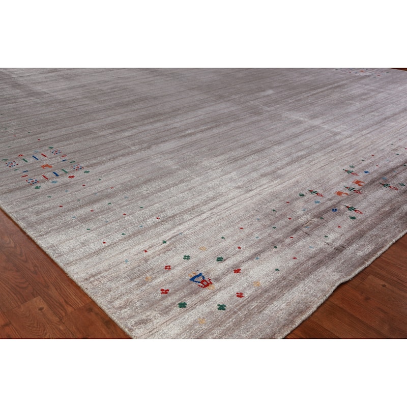 Striped Gabbeh Indian Area Rug Hand-Knotted Grey Modern Wool Carpet - 9'2" x 12'3" - 9'2" x 12'3" - Grey