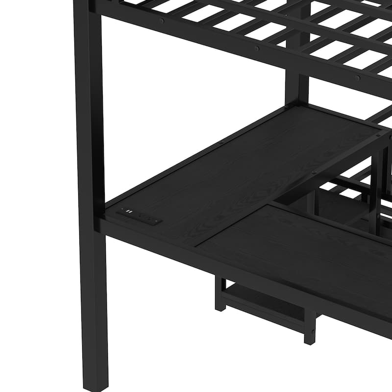 L-Shaped Metal Triple Bunk Bed with Slide, Built-in Desk, Storage Shelves and USB Charging Port