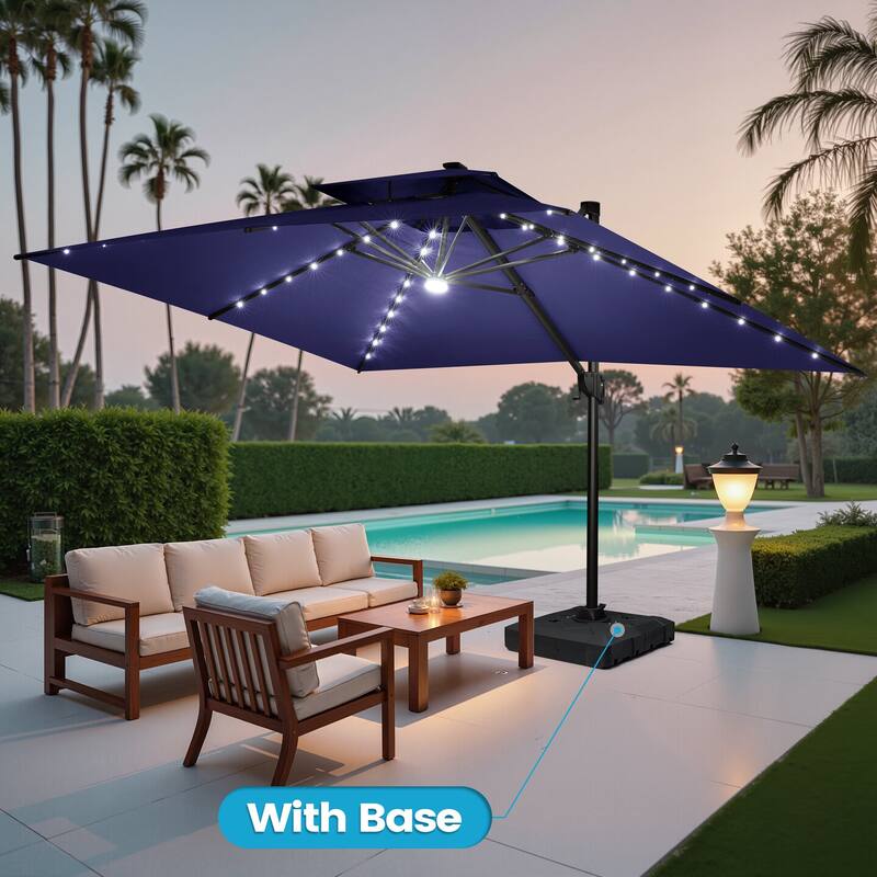 13 x 10ft Outdoor Aluminum Dual Top Patio Cantilever Umbrella LED Light with Weights Base