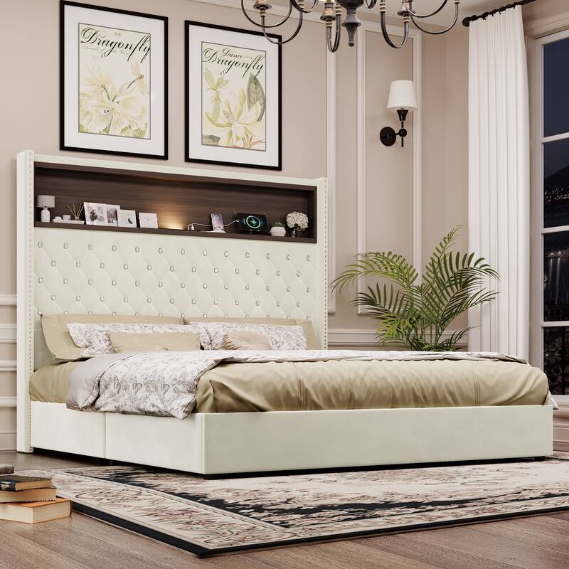 Roomfitters Velvet Tufted Platform Bed with Charging Ports, Tall Wingback Headboard with Rivet Trim and Shelf