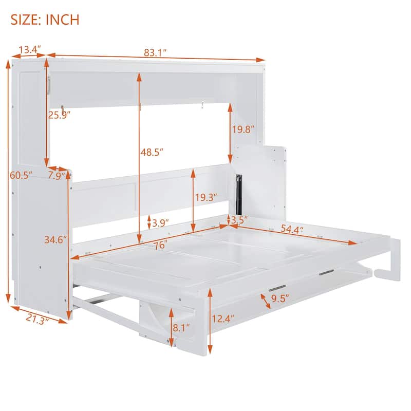 Full/Queen Murphy Wall Bed with Desk, Hydraulic Lift, 600 lb Capacity, 10 in Mattress, Space-Saving Home Office