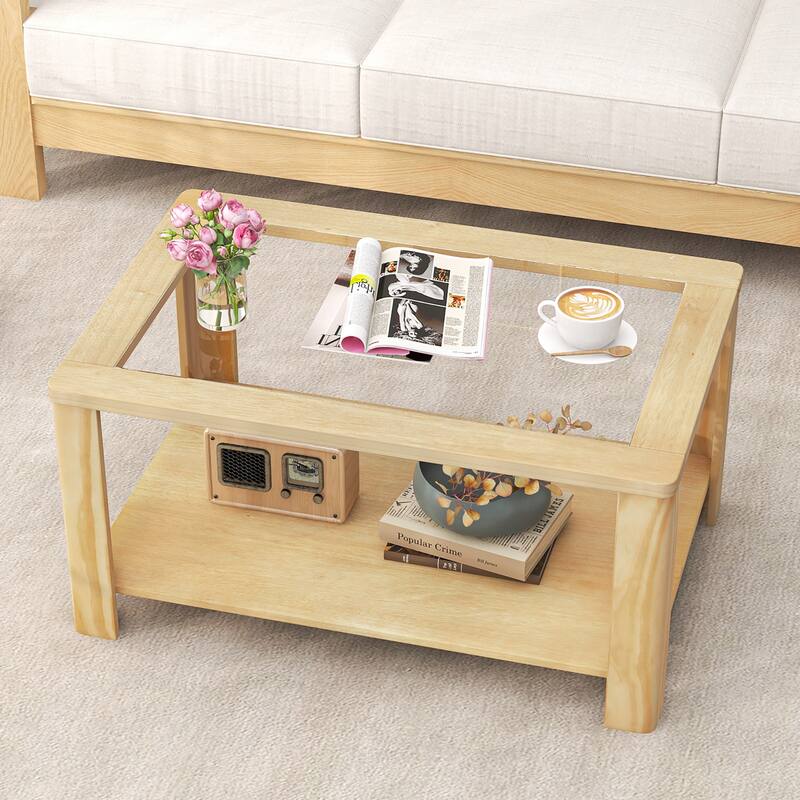 Gymax 2-Tier Coffee Table w/ Tempered Glass Tabletop & Storage Shelf
