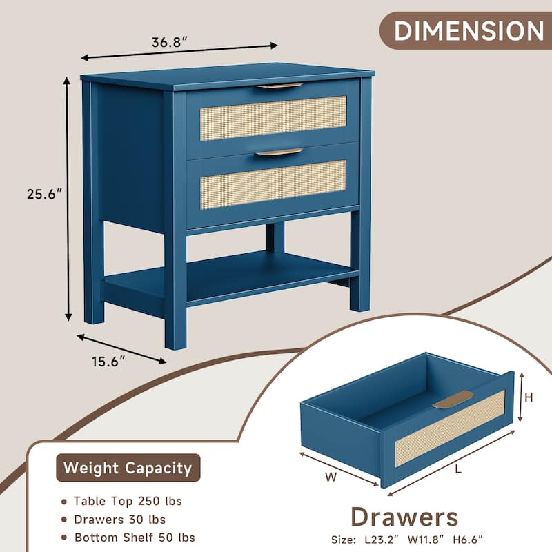 Rattan Nightstand with 2 Drawers and Storage Shelf Boho Bedside Narrow Side Table for Bedroom