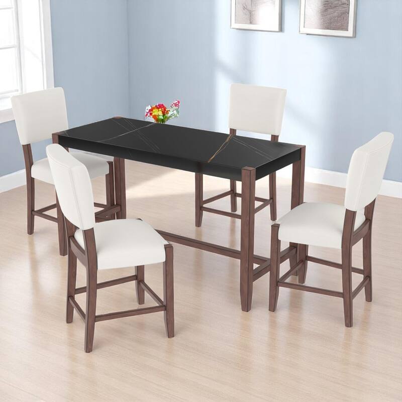 5-Piece Counter Height Dining Table Set with Faux Marble Top, Table and 4 Upholstered Chairs for Kitchen or Dining Room - Black+Beige