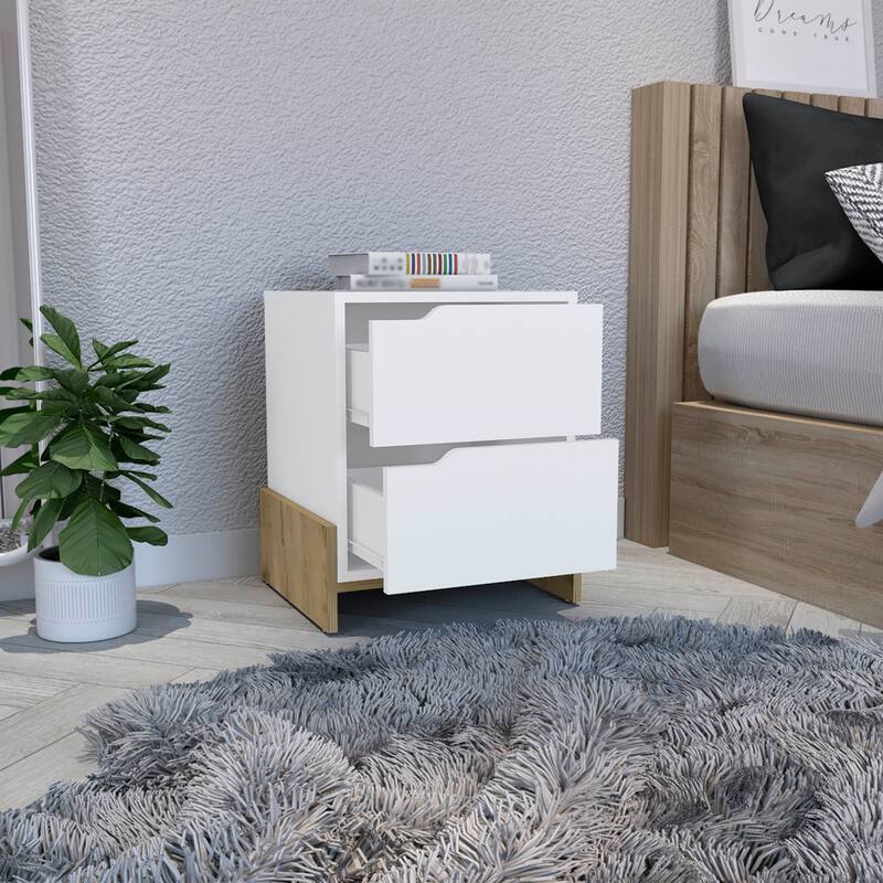 White & Macadamia Nightstand with 2 Drawers, Sturdy Base End Table