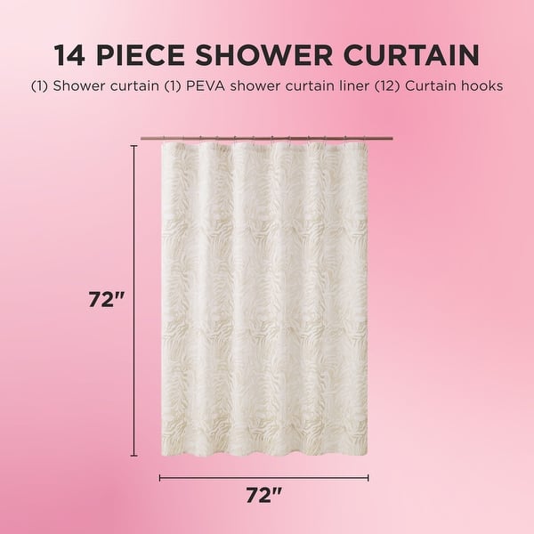 dimension image slide 1 of 3, Juicy Couture 14-Piece Shower Curtain Set (Shower Curtain, PEVA Liner, and 12 Metal Hooks)