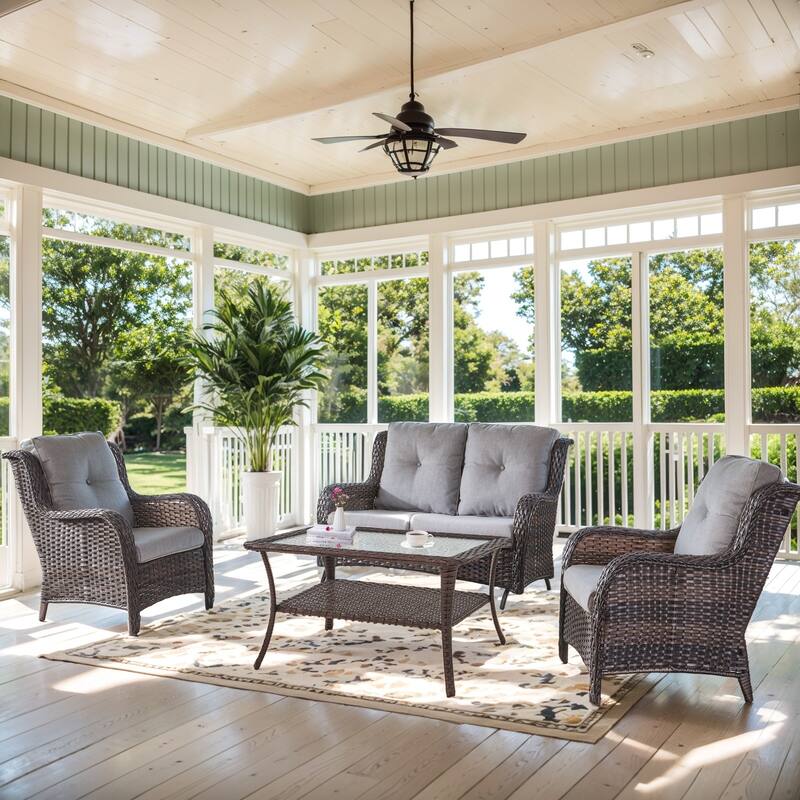Patio Club Chair with 2 Seater Wicker Sofa - Grey cushion - Brown - Grey - Brown