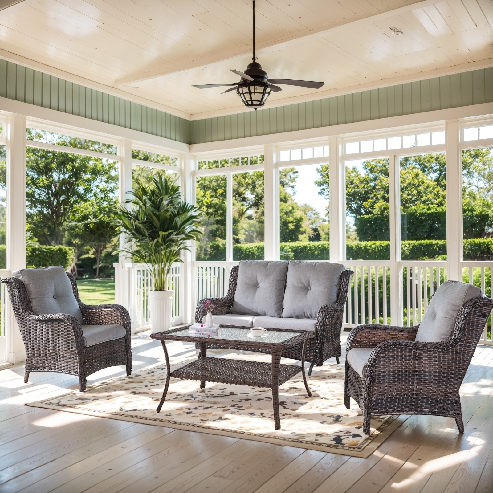 Patio Club Chair with 2 Seater Wicker Sofa - Grey cushion - Brown