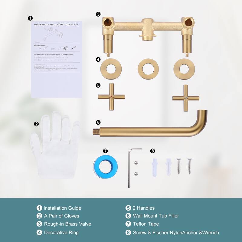 WOWOW Modern Cross-Style Dual-Handle Wall-Mounted Bathtub Faucet