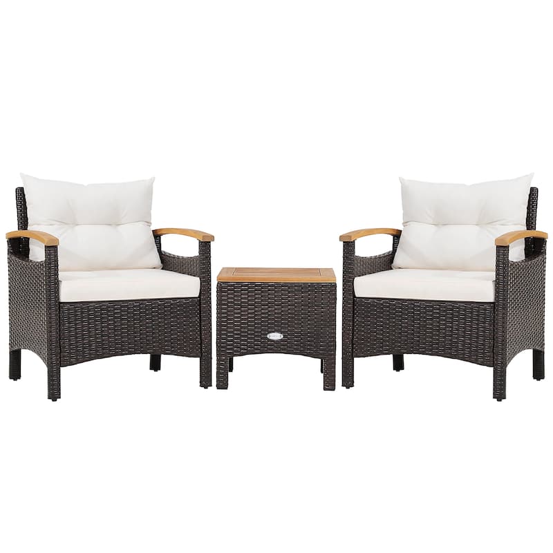 3PCS Patio Rattan Furniture Set Armrest Sofa Wooden Table Top - Beige