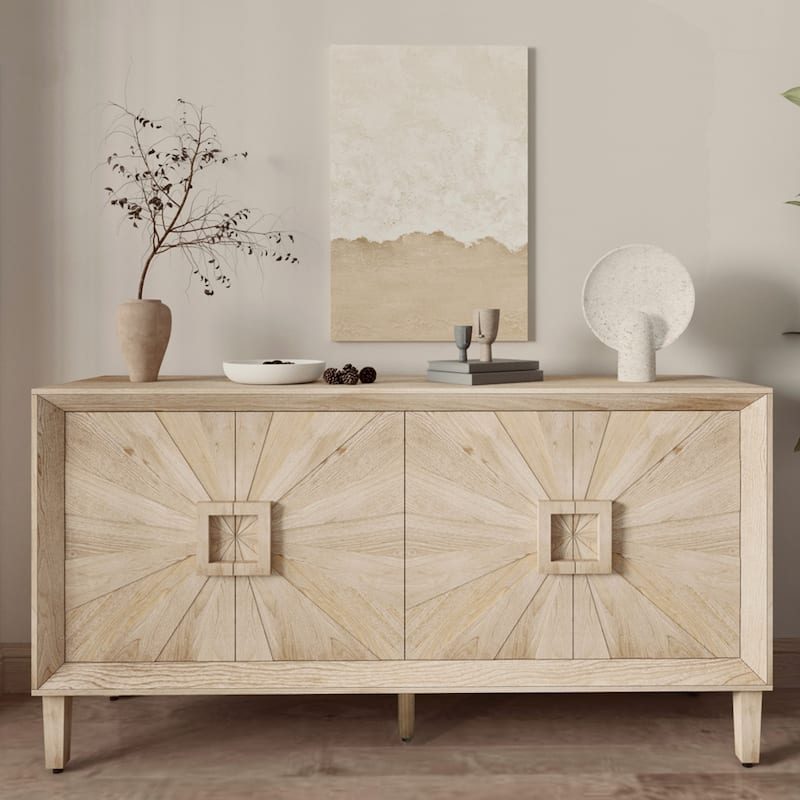 Carved Flower Door Large Storage Cabinet With Metal Handle - 60"Antique Natural