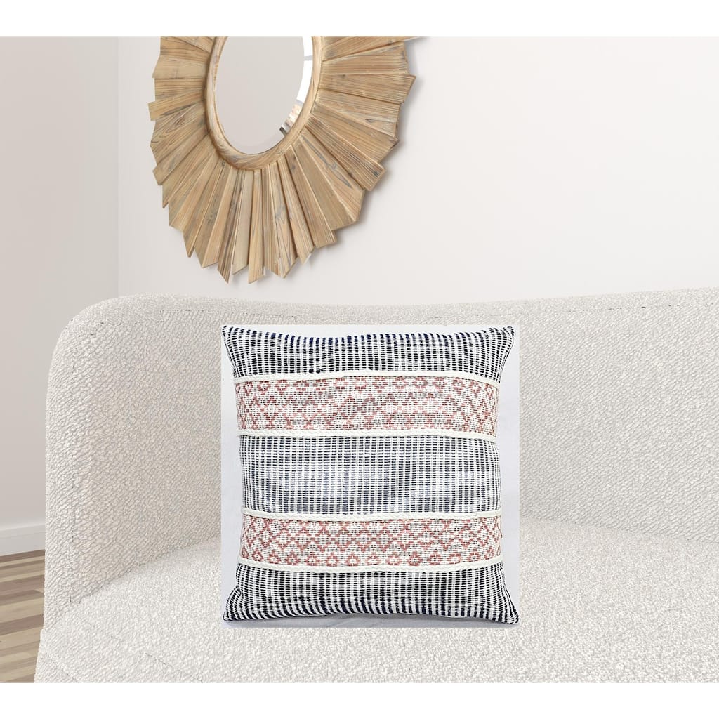 22" X 22" Blue And Peach Trellis Zippered Cotton Blend Throw Pillow With Embroidery