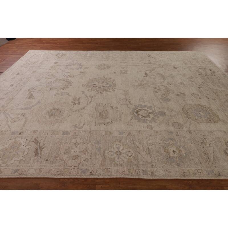 Vegetable Dye Beige Oushak Oriental Area Rug Hand-Knotted Wool Carpet - 9'0" x 12'5"