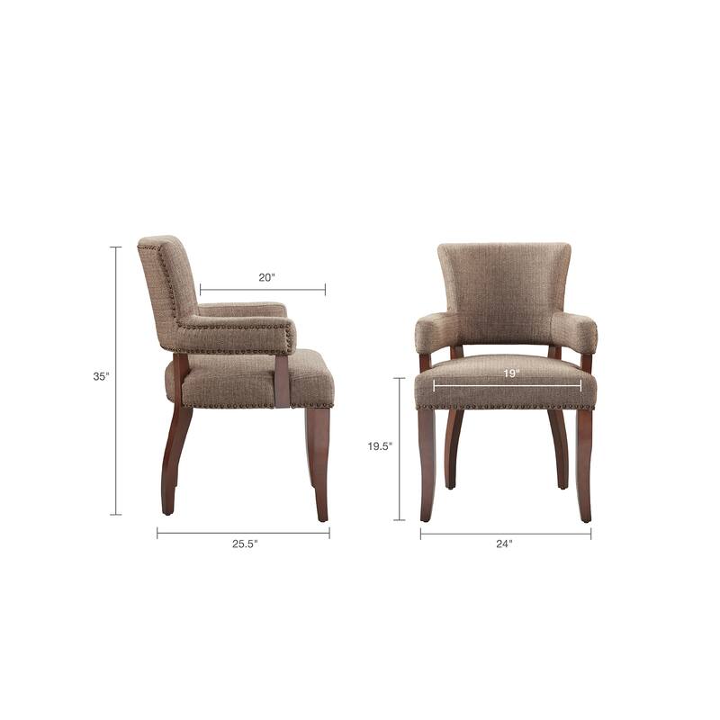Roomfitters Arm Dining Chair, Faux-Textured Brown Upholstery with Brass Nailhead Trim and Espresso Birch Legs - Brown