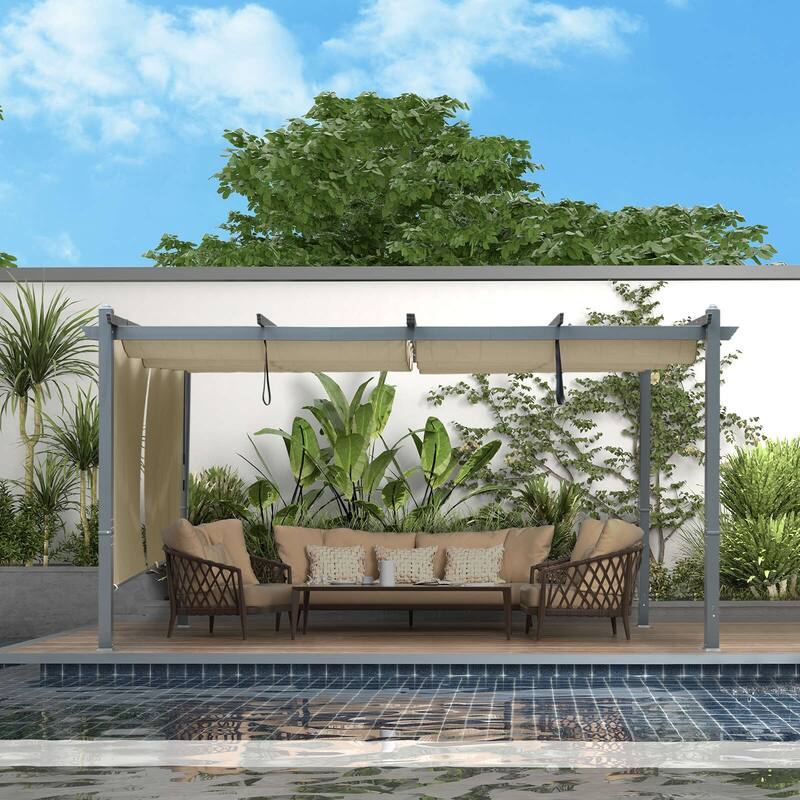 Aoodor 12' x 14' Outdoor Pergola with Aluminum Frame & Retractable Canopy - Khaki