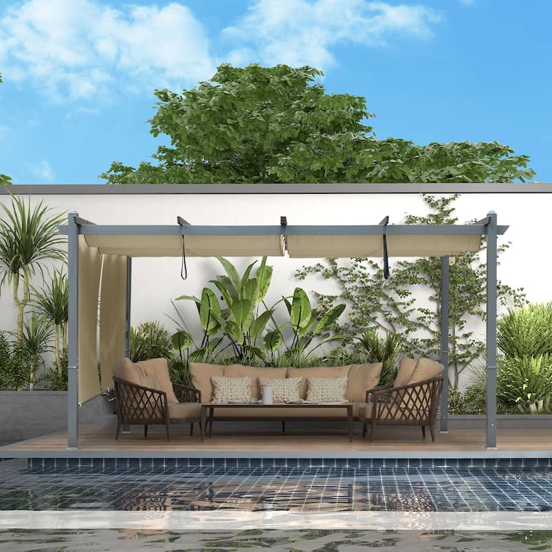 Aoodor 12' x 16' Outdoor Pergola with Retractable Shade Canopy - Khaki