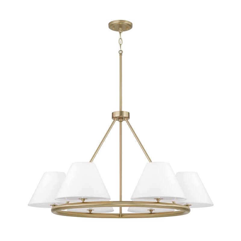 35"W x 19.50"H 6-Light Circular Ring Chandelier in Matte Brass with White Fabric Shades and Glass Diffusers - Matte Brass