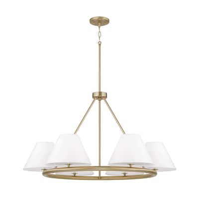 35"W x 19.50"H 6-Light Circular Ring Chandelier in Matte Brass with White Fabric Shades and Glass Diffusers