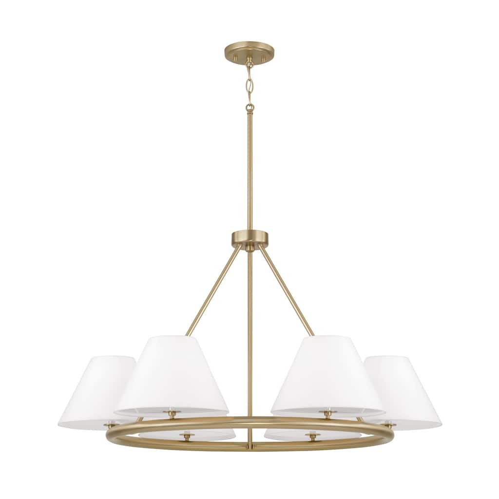 35"W x 19.50"H 6-Light Circular Ring Chandelier in Matte Brass with White Fabric Shades and Glass Diffusers
