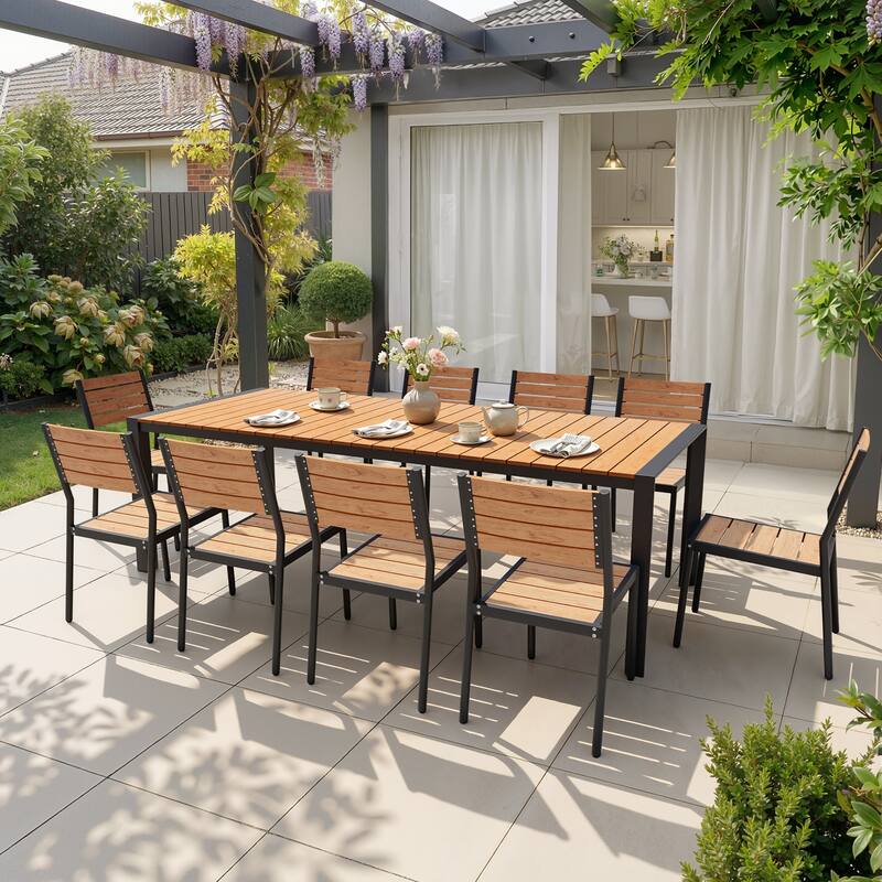 7/9/11-Piece Outdoor Patio Dining Set Aluminum Dining Table with Umbrella Hole and Stackable Dining Chairs - Brown - Set of 11