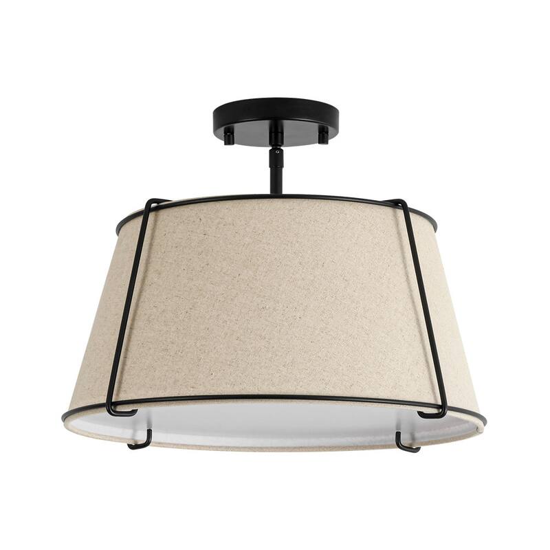 Brass 4-Light Wide Drum Linen Ceiling Light - 17in Mid-Century