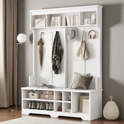 Modern Entryway Hall Tree with Shoe Cubbies, Coat Rack Bench, 6 Hooks, Anti-Tip, 59.1 x 15.7 x 77.3 in