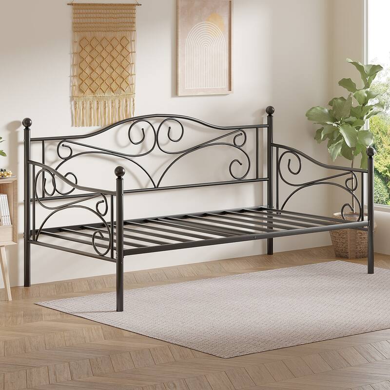 VECELO Scroll Design Metal Twin Size Daybed with Roman Column Legs 440 LBS Capacity Sofa Bed 440 lbs Capacity for Living Room