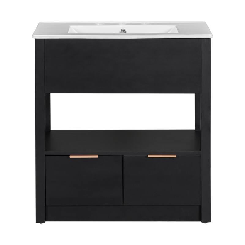 30" Bathroom Vanity with Sink Top, Bathroom Cabinet with Open Storage Shelf and Two Drawers, One Package